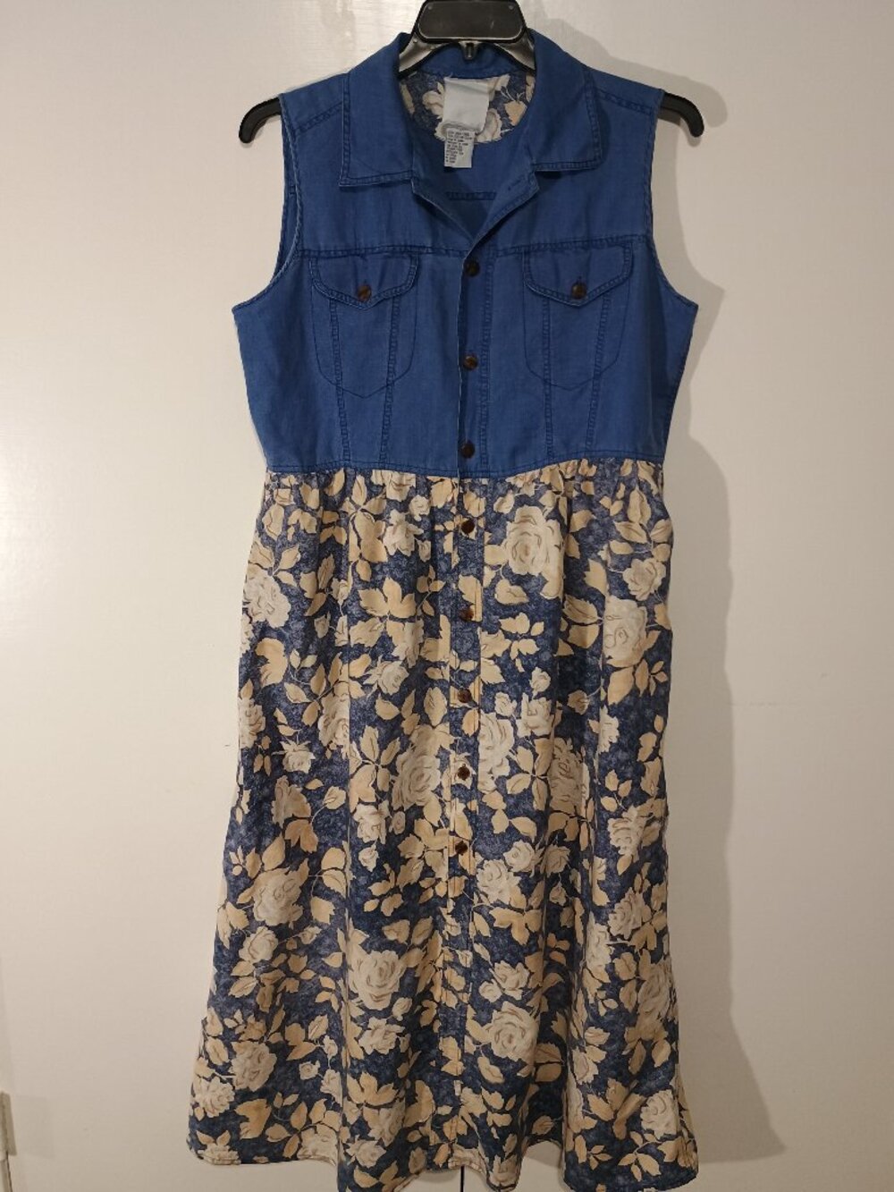 Vintage Y2K Blue Linen Blend Floral Button Front Sleeveless Midi Dress Women's - Picture 2 of 7